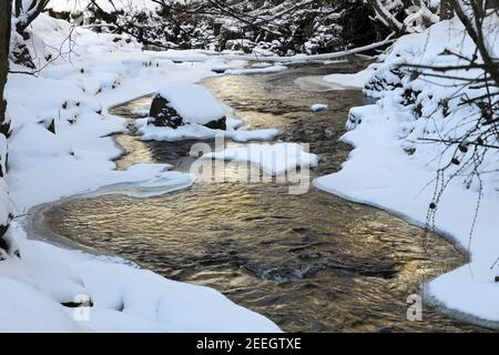 GoldenLight Illuminating Cowlees (Bow Lee) Beck below Summerhill Force in Winter, Teesdale, County Durham, Großbritannien Stockfoto