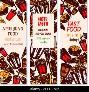 Fast-Food-Banner Design von Burgern, Sandwiches oder Snacks und Desserts für Fastfood-Restaurant oder Café. Vector Set von Popcorn, Huhn Nuggets Grill oder Stock Vektor