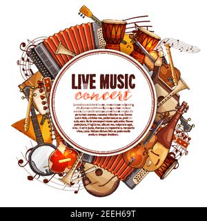 Live-Musik Konzert Plakat von Musikinstrumenten. Vektor-Design von Folk-Akkordeon, ethnische Jembe-Schlagzeug, Jazz-Saxophon und Geige Geige, Banjo-Gitarre Stock Vektor