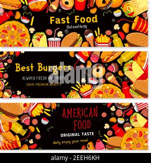 Fastfood-Banner für das Restaurant. Vektor-Design von Cheeseburger oder Hamburger Sandwich, Donut Kuchen Dessert und Eis, Hot Dog, Pizza und Fastfo Stock Vektor
