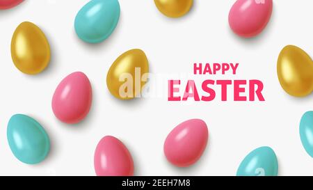 Realistische Ostereier in Gold, Blau und Rosa mit weißem Hintergrund. Vektor Stock Vektor