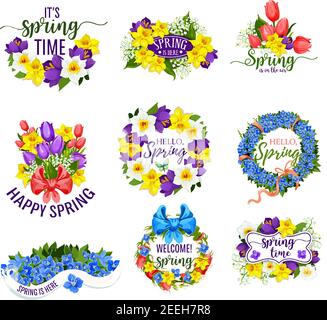 Hallo Frühling Blumen und Blumensträuße. Vektor blühende Blumensträuße des Frühlings Tulpen, Narzissen oder Krokussen, Narzissen oder Maiglöckchen Blume mit Stock Vektor