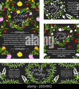 Frühlingsbanner und Poster für Frühlingsgrüße. Vektor-Zitate von Hallo Frühling und Liebe Design für den Einkauf Zeit und Rabatt mit blo Stock Vektor