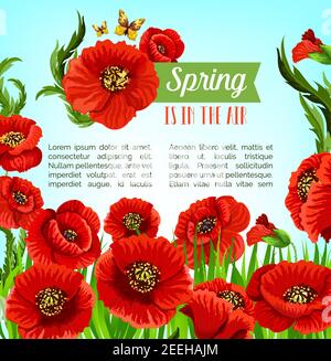 Frühling ist in der Luft Vektor-Poster mit blühenden Mohnblumen Feld. Saisonale Urlaub Gruß Design mit floral Frühling Natur, Schmetterlinge und Stock Vektor
