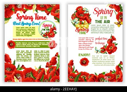 Frühling Blumen Vektor Poster von Blumenkranz und floral Bündel für Grußdesign. Blühende rote Mohnblumen, Gänseblümchen oder Orchideenblüten, Krokusse Stock Vektor