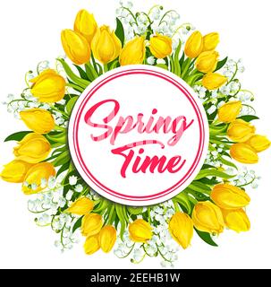 Grußkarte mit Blumenkranz aus dem Frühling. Florale Rahmen der gelben Tulpe und Maiglöckchen Blumen mit grünen Blättern und Text Frühling in der Mitte. Hallo Stock Vektor