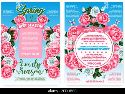 Frühlingsposter mit Blumen, Blumensträußen und Blumenrahmen. Vektor-Design für saisonale schöne Frühlingsferien Grüße mit blühenden Gartenrosen ein Stock Vektor