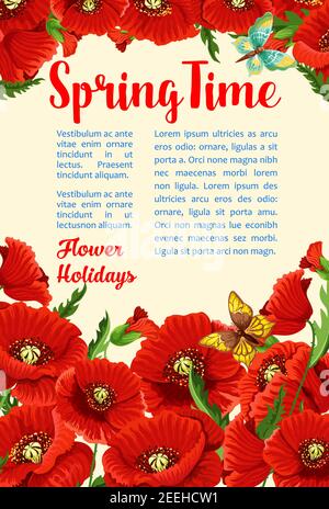 Vektor-Poster für Frühlingsgrüße. Florales Dessin aus rot blühenden Blumenstrauß und Mohnblüten. Frühlingsferien florieren bouq Stock Vektor