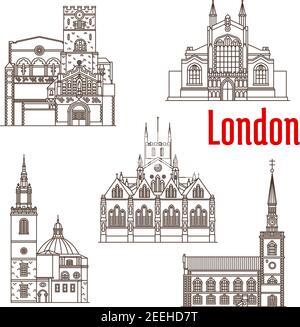 Wahrzeichen Londons und berühmte Architekturfassaden. Vektor isolierte Ikonen der Kirchen von St. James, St. John oder St. Bartholomäus der große, St. Stock Vektor