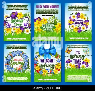 Grußposter im Frühling. Vektor-Design von Frühlingsblumen, Blumenkranz und Blumensträuße für Frühlingsferien. Blühende Tulpen oder Iris, narcis narcis narcis Stock Vektor