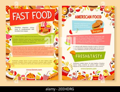 Fastfood-Poster mit Combo-Sets von Fastfood-Mahlzeiten Cheeseburger, Hamburger oder Burger und pommes frites. Vektor-Design-Vorlage von Hot Dog Sandwich, Stock Vektor