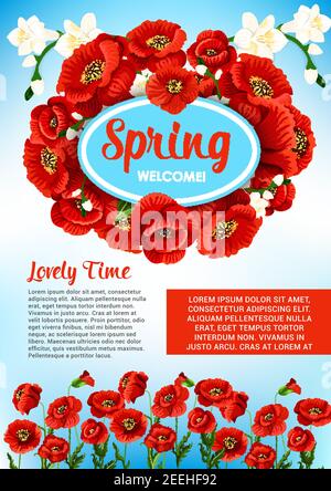 Willkommen Frühling Poster Vorlage für Frühling Urlaub Grüße und Zitate. Frühling Natur Design von blühenden Mohn und Orchidee oder Kirschblüte Bouque Stock Vektor