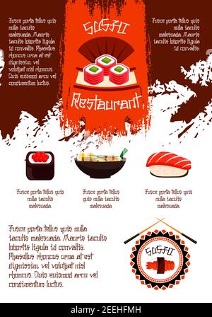Japanisches Sushi Restaurant Poster für Menüvorlage. Vektor-Design von Sushi-Rollen, Sashimi oder Garnelen Garnelen und Tintenfisch Tempura, gedämpfter Reis und Meeresfrüchte Stock Vektor