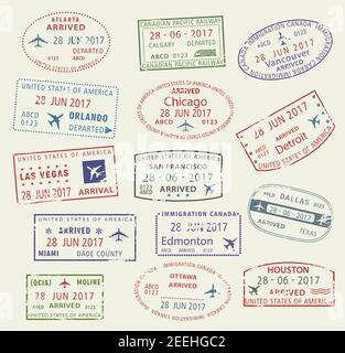 Reisepassmarken-Symbole mit Stadtnamen von USA Amerika und Kanada, Atlanta, Vancouver oder Chicago und Las Vegas oder San Francisco und Miami. Vektor Stock Vektor