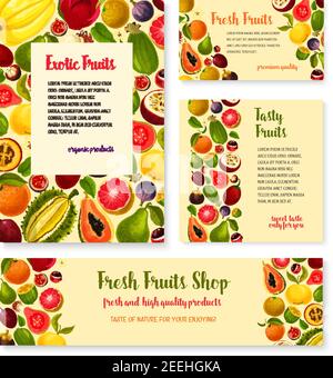 Frisches Obst Banner und Poster Vorlagen Set für Obstladen. Vektor exotische Maracuya Passionsfrucht, Guava oder Papaya und tropische Feigen oder Feijoa, duri Stock Vektor
