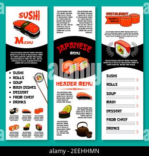 Sushi Restaurant Menü Vektor-Vorlage von Sushi-Rollen, Nudel-oder Tofu-Suppen, Garnelen Garnelen Tempura und gedämpften Reis grünen Tee Getränke, Fisch Sashimi oder Stock Vektor