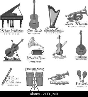 Musikkonzert oder Live-Festival-Ikonen Satz von Musikinstrumenten. Vector Labels von Klavier, Gitarre oder Harfe und Jazz-Saxophon oder Geige Geige, Volksmusik Stock Vektor