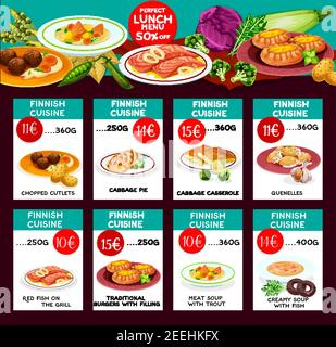 Finnische Küche Restaurant Menüvorlage. Vector Mittagessen Angebot von gehackten Cutlet, Kohl Pie und Auflauf, Quenellen oder roten Fisch Grill, Burger mit Fi Stock Vektor