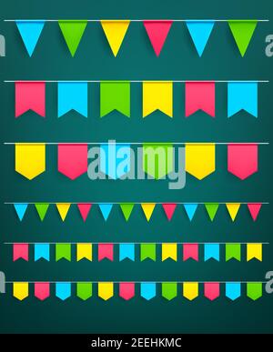 Flag Girlanden Set aus bunten Papierfahnen am Faden für Fasching oder Festfeier, Weihnachtsfeier und Happy Birthday Dekor. Vektor isoliert aufgeschieden Stock Vektor