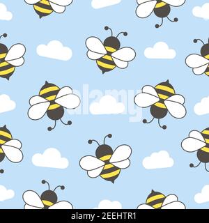Nahtloses Muster mit fliegenden Bienen. Vektor Cartoon schwarz und gelb Bienen mit Wolken isoliert auf blauem Hintergrund. Stock Vektor