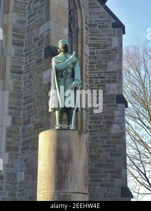 Mülheim AN DER RUHR, DEUTSCHLAND - 13. Feb 2021: Gedenkstätte für die fiktive Figur Hieronymus Jobs in Mülheim nahe der Petriki-Kirche Stockfoto