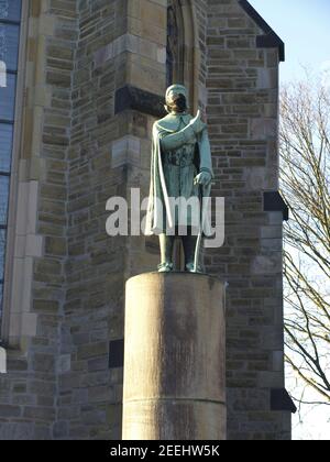 Mülheim AN DER RUHR, DEUTSCHLAND - 13. Feb 2021: Gedenkstätte für die fiktive Figur Hieronymus Jobs in Mülheim nahe der Petriki-Kirche Stockfoto