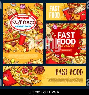 Fastfood-Vorlagen Satz von Fastfood-Banner und Plakate für Restaurant-Menü. Vector Burger und Sandwich, Eis und Donut Dessert, Popcorn und fren Stock Vektor