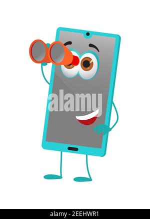 Funny travel Objects Kollektion: Funny Smart Phone mit Fernglas auf weißem Hintergrund, flache Design-Vektor-Illustration Stock Vektor