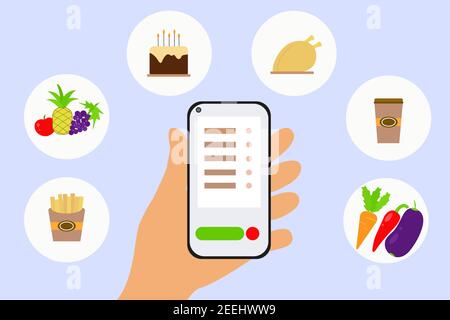 Bestellung von Waren über die Anwendung. Vector, Hand mit einem Telefon, Bestellung von Waren im Internet. Vielfältiges Essen, kontaktloses Einkaufen. Konzept, flach i Stock Vektor