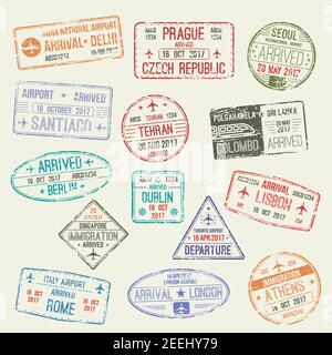 Passstempel Satz von internationalen Reisevisum. Passvisumstempel von London und Großbritannien, Rom und Italien, Athen, Griechenland, Berlin, Deutschland, Lissabon, Portug Stock Vektor