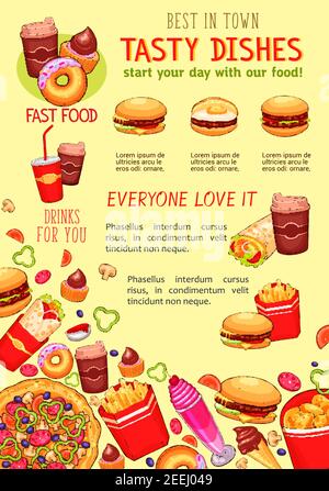 Fastfood-Poster von Fastfood-Sandwiches, Mahlzeiten und Snacks oder Desserts. Vektor-Design-Vorlage von Cheeseburger oder Hamburger, Pizza und Huhn Nugget o Stock Vektor