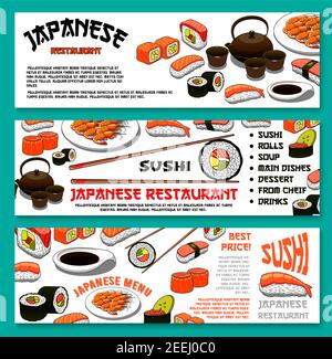 Japanisches Restaurant oder Sushi-Bar Cuisine Banner Set für Vorlage von Sushi-Rollen, Sashimi-Fisch und Teriyaki Fleisch oder Tempura Garnelen, Lachs cavia Stock Vektor