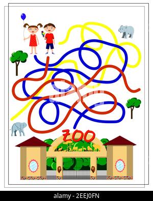 Ein Labyrinth-Spiel für Kinder. Helfen Sie den Kindern, durch das Labyrinth in den Zoo passieren. Stock Vektor