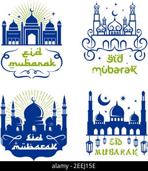 Ramadan Kareem und Eid Mubarak Symbolsatz. Muslimische Moschee mit Minarett, Ramadan Laterne, Halbmond und Stern, geschmückt mit arabischen Ornamenten für den heiligen Mo Stock Vektor