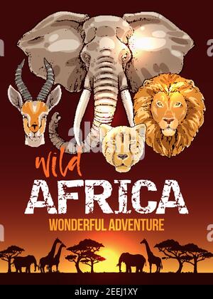 Afrikanisches Safariposter mit wilden Tieren. Elefant, Giraffe, Löwe, Leopard und Antilope Skizziertier auf Sonnenuntergang Himmel Hintergrund mit Savanne Landschaft. Stock Vektor