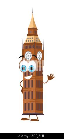 Lustige Reise-Objekte-Sammlung: Lustige Big Ben Tower auf weißem Hintergrund, flache Design-Vektor-Illustration Stock Vektor