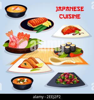 Japanische Küche beliebte Gerichte Ikone. Gebratener Fisch mit Gemüse, Sushi-Rolle und Sashimi, gegrillter Lachs mit Teriyaki-Sauce, Miso-Suppe mit Garnelen, se Stock Vektor