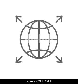 Schwarzes Symbol für die Welterweiterung. Globenliniensymbol mit Pfeilen. Vektor auf Weiß isoliert Stock Vektor