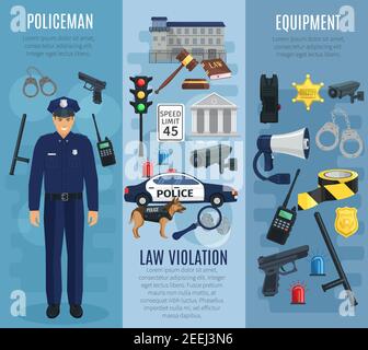 Polizist, Polizeiausrüstung und Gesetzesverletzung Banner Set. Polizist in Uniform mit Abzeichen, Pistole, Schlagstock, Radio, Handschellen, Streifenwagen, Sheriff Stock Vektor