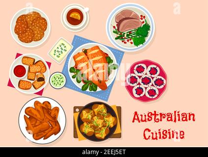 Australische Küche traditionelle Küche mit bbq Chicken Wings, Rindersteak, gebackenem Fisch mit Gemüse, gebackenen Kartoffeln mit Kräutern, Lammkuchen, Baiser Be Stock Vektor