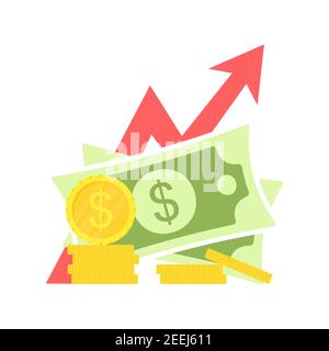 Rentengeld mit Pfeil. Dollar und Münzsymbol. Konzept der Geschäftserfolgsstrategie. Vektorgrafik isoliert auf Weiß. Stock Vektor