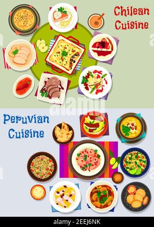 Chilenische und peruanische gesunde Ernährung Icon Set. Fischsalat, Suppe, Kuchen, Ceviche mit Chilisauce, Gemüse, Obst und Käse, Fleischmais-Eintopf und Auflauf Stock Vektor