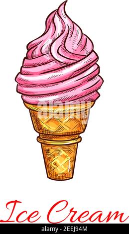 Traditionelles Eis in Wafer-Konus-Skizze. Vektor-Symbol für Gelateria Café-Menü oder Schild. Eisfrucht-Dessert in Waffel mit Vanilleschaufel oder sunda Stock Vektor