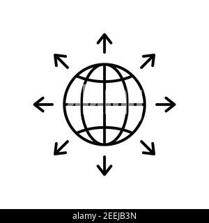 Schwarzes Symbol für die Welterweiterung. Globenliniensymbol mit Pfeilen. Vektor auf Weiß isoliert Stock Vektor