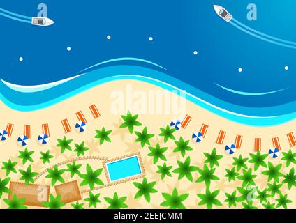 Tropisches Resort Sandstrand, Sommerurlaub Poster. Küstenlinie Blick von oben auf blaues Meer mit Yacht, Strand mit Palmen, Sonnenschirm, Liegestuhl, Schwimmen Stock Vektor