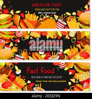 Fast Food Restaurant Vektor Banner. Set von Fastfood-Mahlzeiten und Snacks, Burger, Hot Dog und Pizza, Chicken Wings und Rüschen Nuggets, Cheeseburger und f Stock Vektor