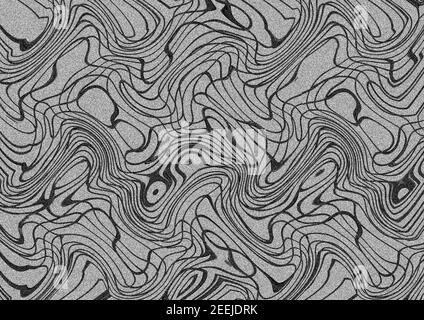 Schwarz monochromes Muster mit abstrakt wirbelnden chaotischen Muster auf einem Weißer Hintergrund mit einer Textur von schwarzen Flecken bedeckt Stockfoto