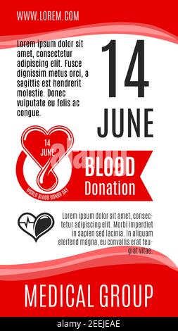 Blutspende Vektor-Poster für 14 Juni soziale Freiwillige Wohltätigkeitsveranstaltung des Weltspendertages. Design von Blut und Herz, helfende Hände für Spender med Stock Vektor