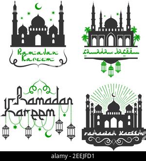 Ramadan Kareem Grüße für muslimische religiöse Feiertagsfeier. Vektor-Symbole mit Moschee Minarette, Laternen Lichter Ornament, Halbmond und s gesetzt Stock Vektor