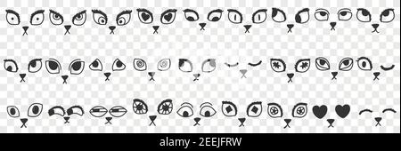 Katzen Augen und Nasen Doodle Set. Sammlung von Hand gezeichnet niedlichen lustigen Augen Nase Mund Gesichter von Katzen Kätzchen in Skizze Weise isoliert auf transparentem Hintergrund Stock Vektor